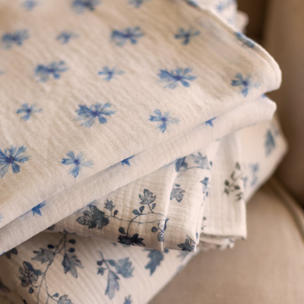 Cornflower, Snowberry and Fig swaddles stacked